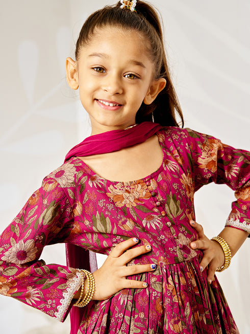 Girl's Falsa Floral Cotton Anarkali Pyjama Set With Dupatta