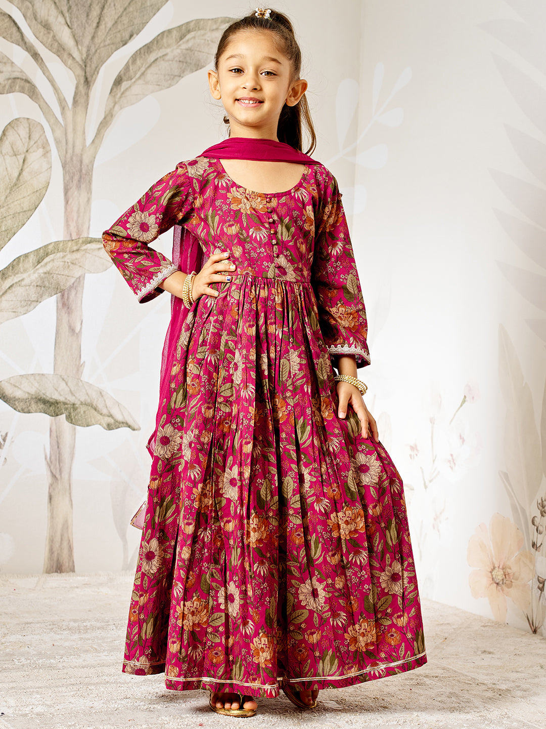 Girl's Falsa Floral Cotton Anarkali Pyjama Set With Dupatta