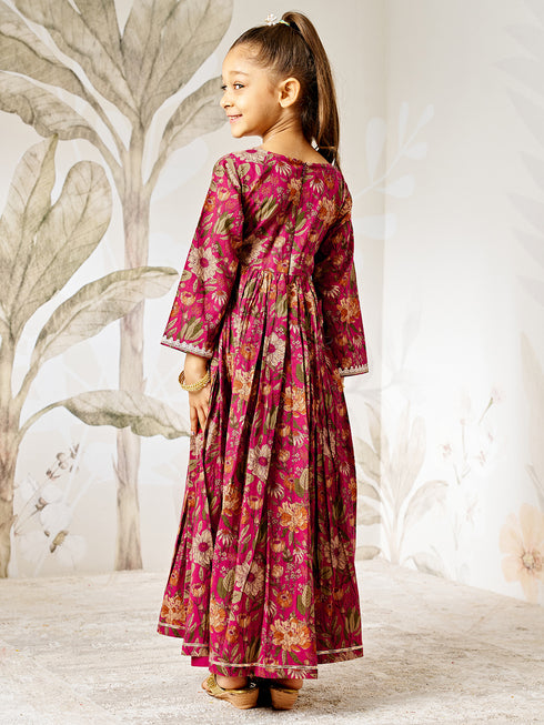 Girl's Falsa Floral Cotton Anarkali Pyjama Set With Dupatta