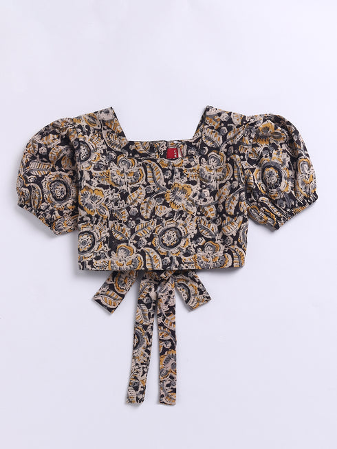 Girl's Black Cotton Clothing Set With Kalamkari Print