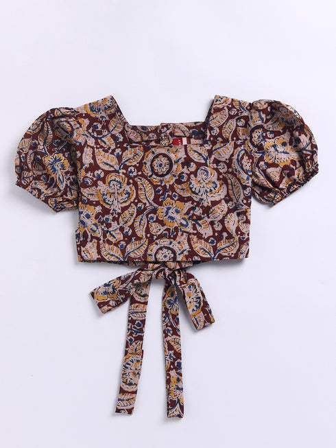 Girl's Red Cotton Clothing Set With Kalamkari Print