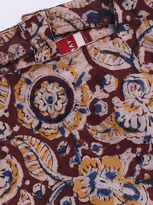 Girl's Red Cotton Clothing Set With Kalamkari Print