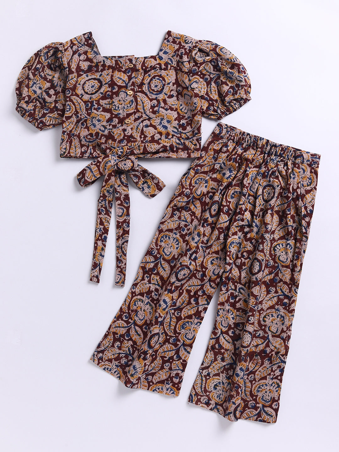 Girl's Red Cotton Clothing Set With Kalamkari Print