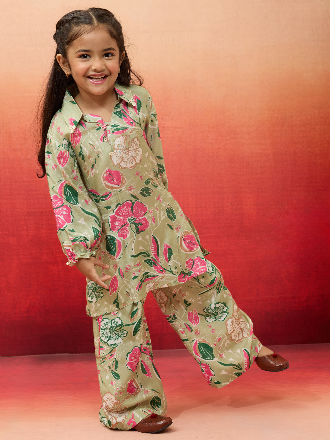 Vastramay Girls' Mint Green Cotton Kurta with Palazzo Set