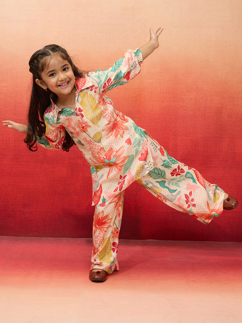 Vastramay Girls' Cream Cotton Kurta with Palazzo Set