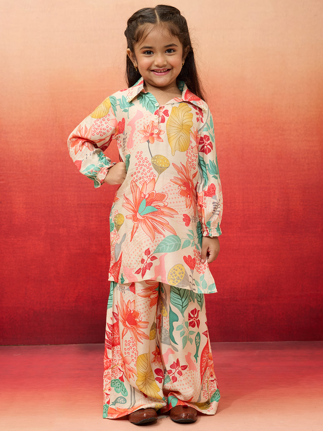 Vastramay Girls' Cream Cotton Kurta with Palazzo Set