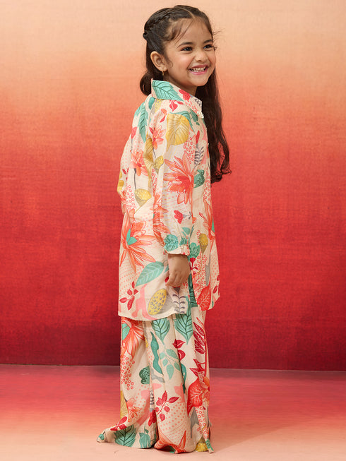 Vastramay Girls' Cream Cotton Kurta with Palazzo Set