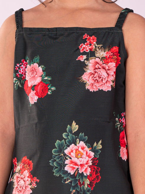 Girl's' Floral Printed Cotton Silk Kurta And Tulip Pant Set