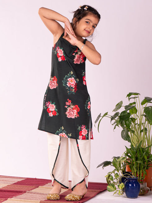 Girl's' Floral Printed Cotton Silk Kurta And Tulip Pant Set