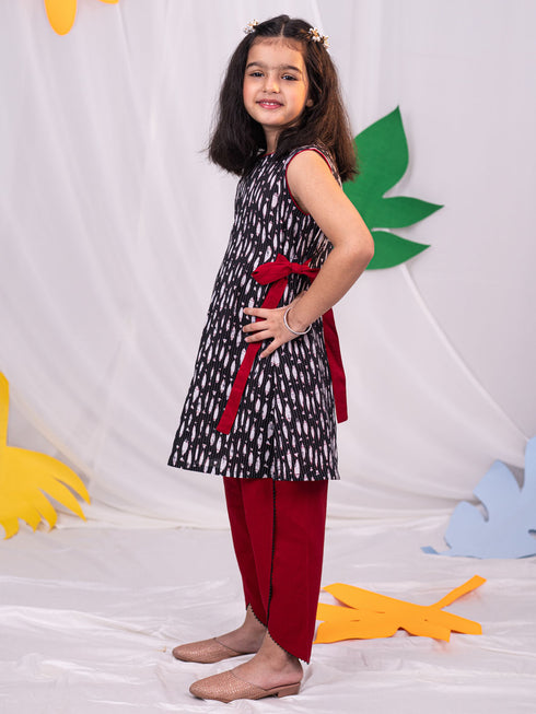 Girl's Black And Maroon Dhoti Kurta Set