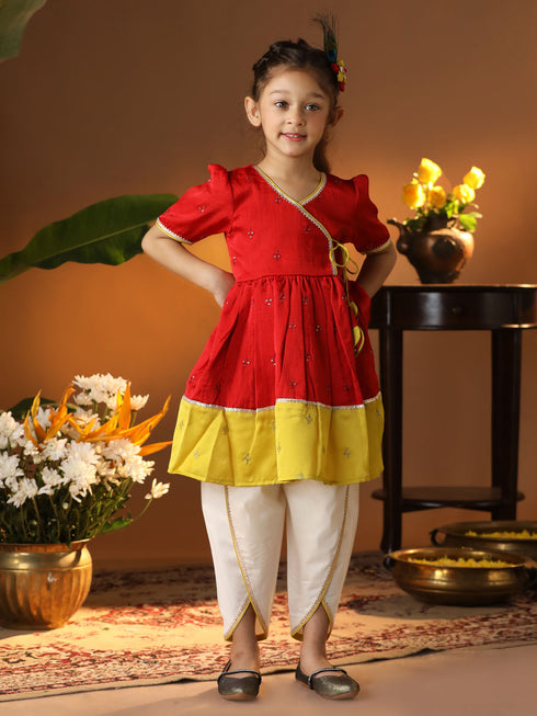 Girl's' Red And Cream Dhoti Kurta Set