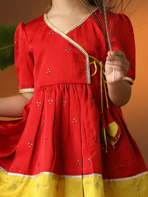 Girl's' Red And Cream Dhoti Kurta Set