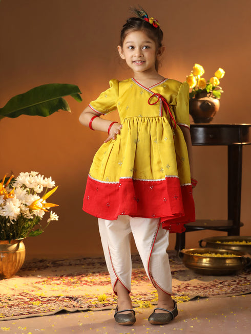 Girl's' Yellow And Cream Dhoti Kurta Set