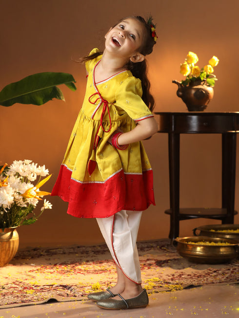 Girl's' Yellow And Cream Dhoti Kurta Set