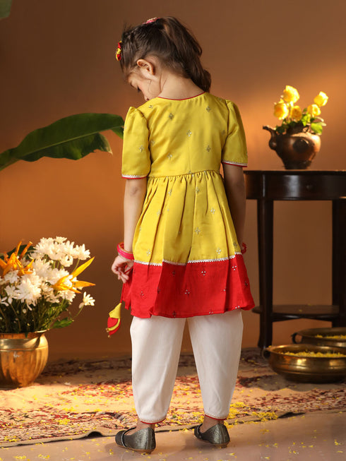 Girl's' Yellow And Cream Dhoti Kurta Set
