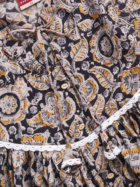 Girl's Black Cotton Dress With Kalamkari Print