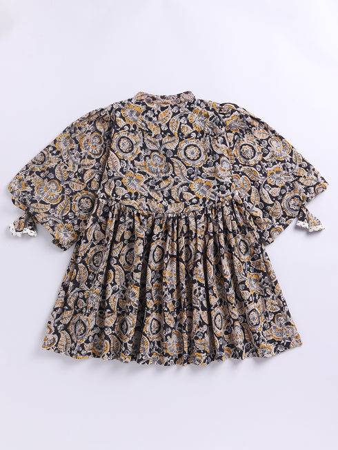 Girl's Black Cotton Dress With Kalamkari Print
