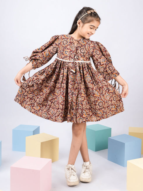Girl's Red Cotton Dress With Kalamkari Print