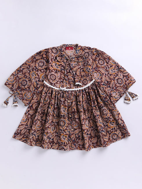 Girl's Red Cotton Dress With Kalamkari Print