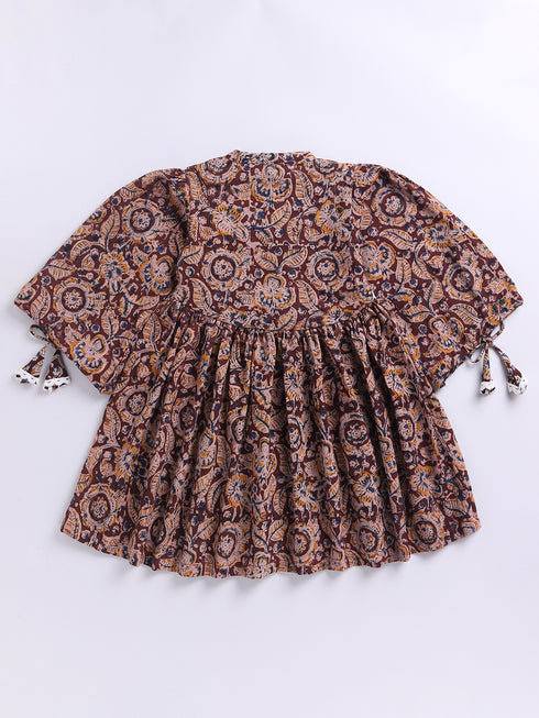 Girl's Red Cotton Dress With Kalamkari Print