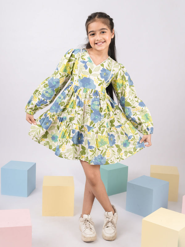 Blue Floral Cotton Dress For Girl's