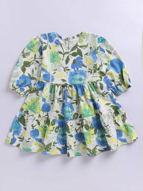 Blue Floral Cotton Dress For Girl's