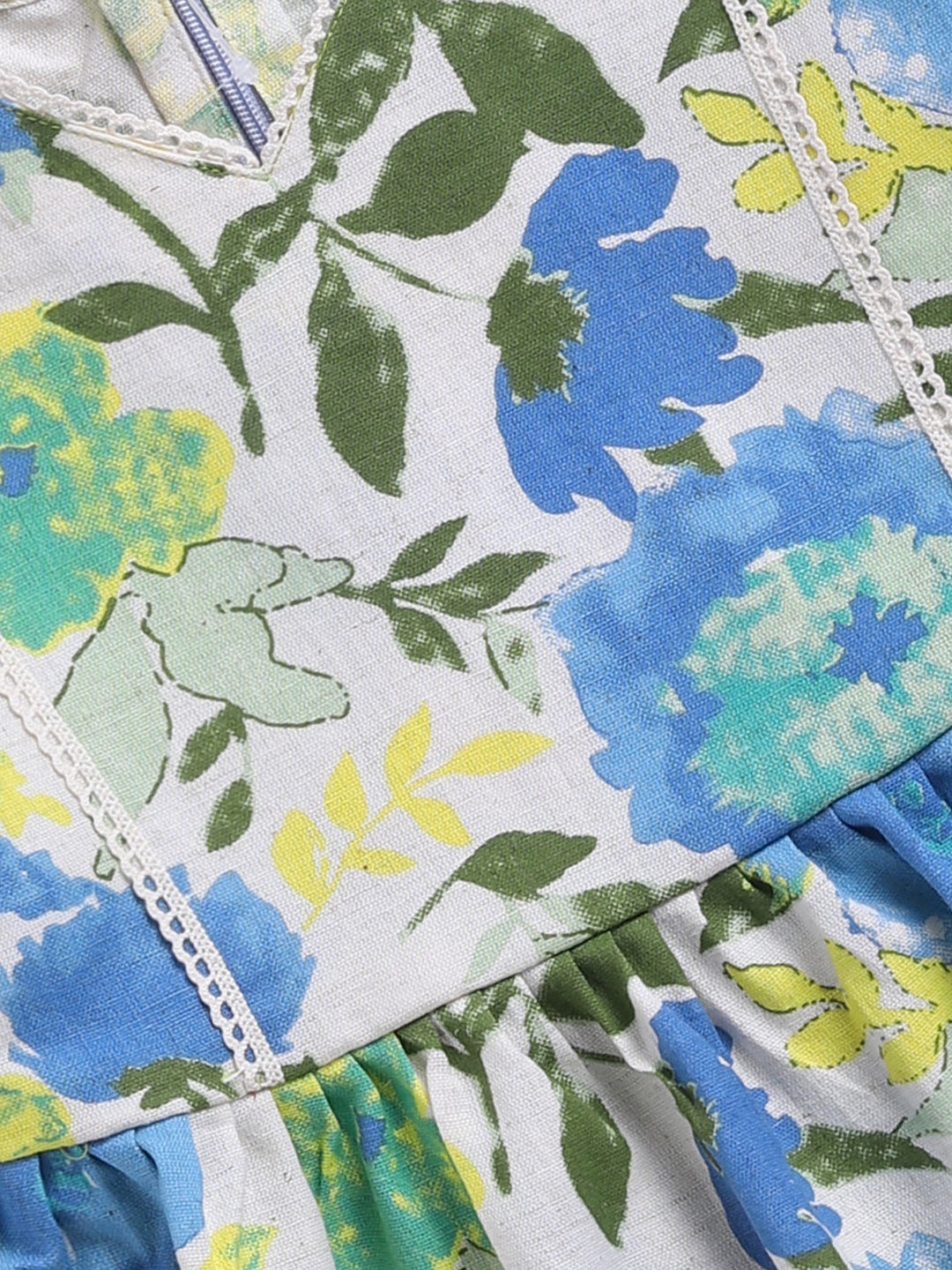 Blue Floral Cotton Dress For Girl's
