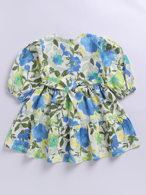 Blue Floral Cotton Dress For Girl's