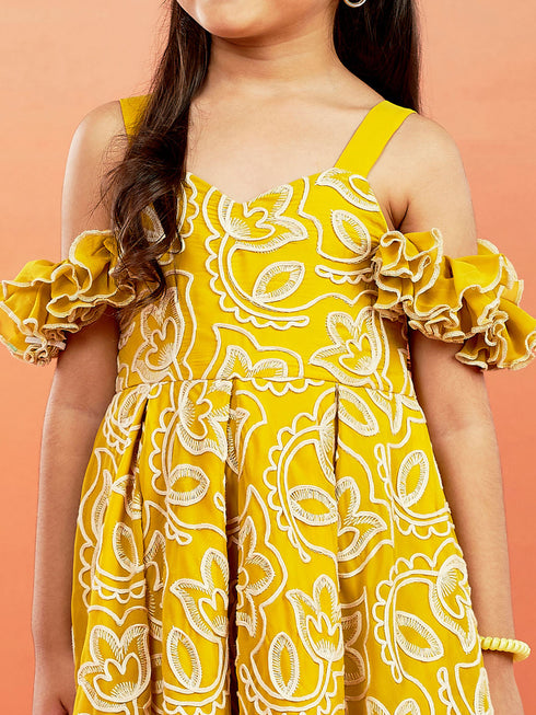 Girl's' Mustard Georgette Floral Embroidered Gown