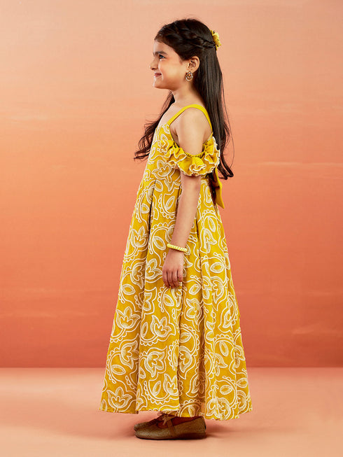 Girl's' Mustard Georgette Floral Embroidered Gown