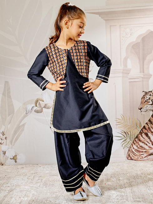 Girl's Black Viscose Kurta Patiala Set