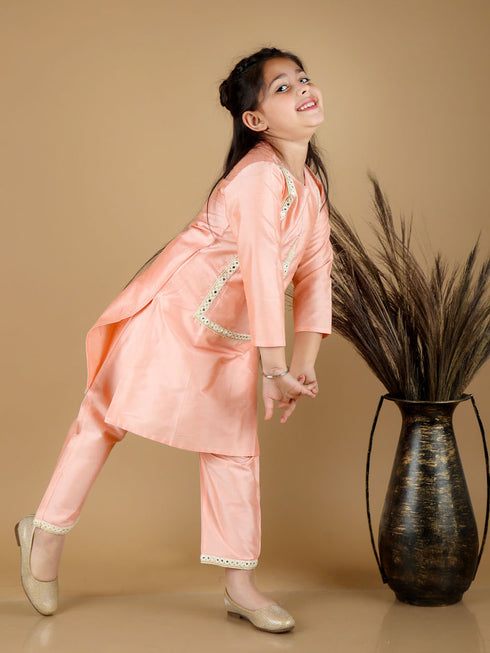 Girl's' Pink Viscose Kurta Pant Set