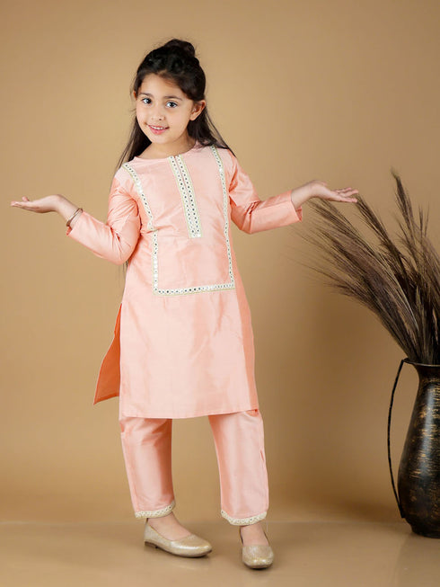 Girl's' Pink Viscose Kurta Pant Set