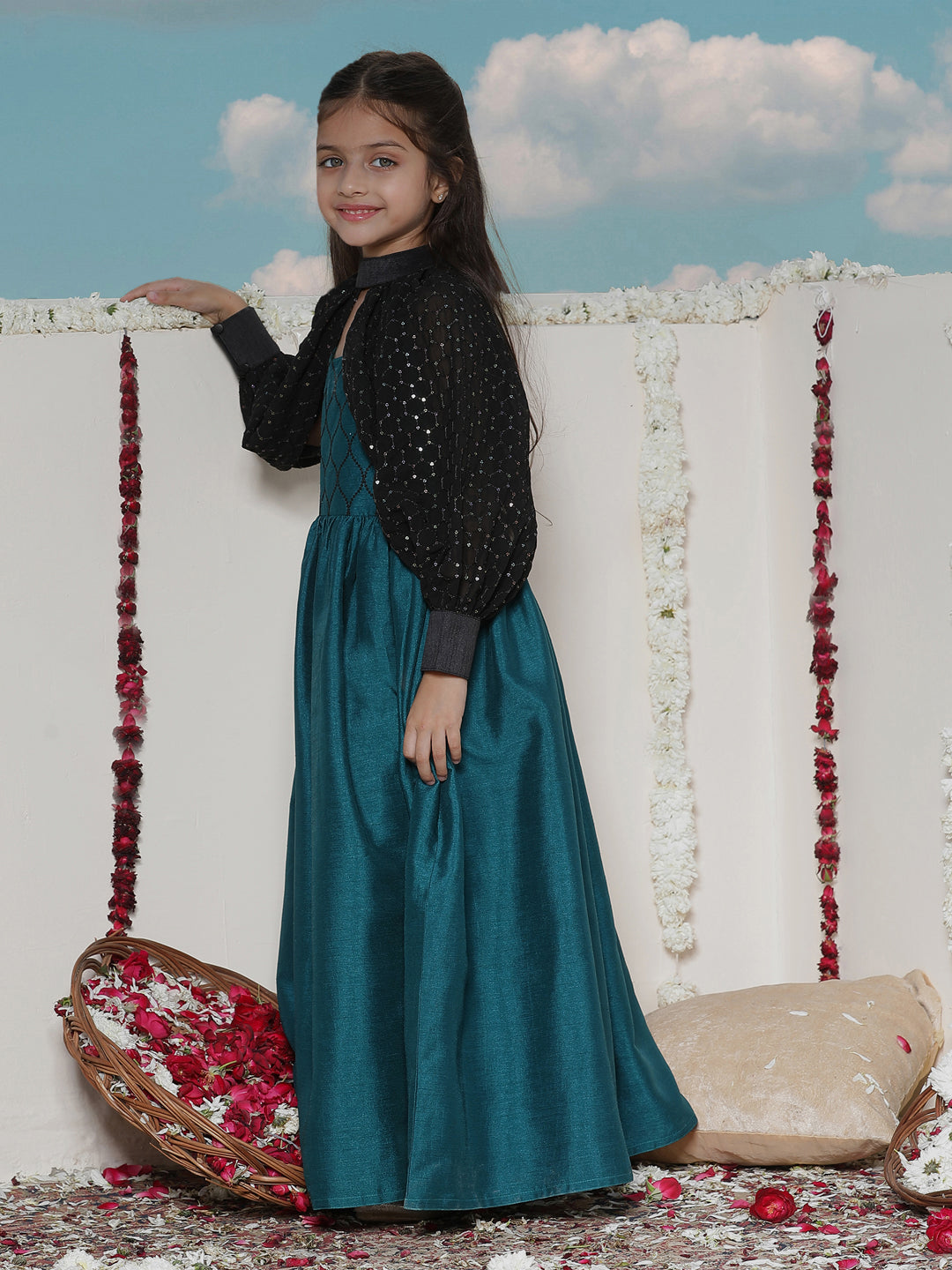 Girl's' Green Sequinced Long Dress With Detachable Cuff Sleeves