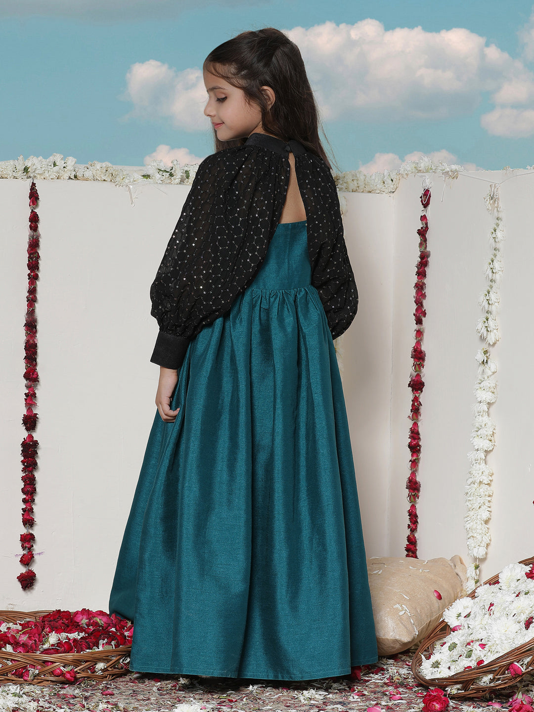 Girl's' Green Sequinced Long Dress With Detachable Cuff Sleeves