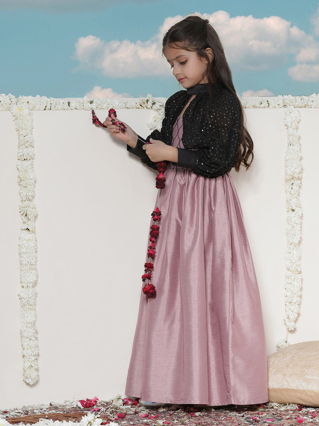 Girl's' Pink Sequinced Long Dress With Detachable Cuff Sleeves