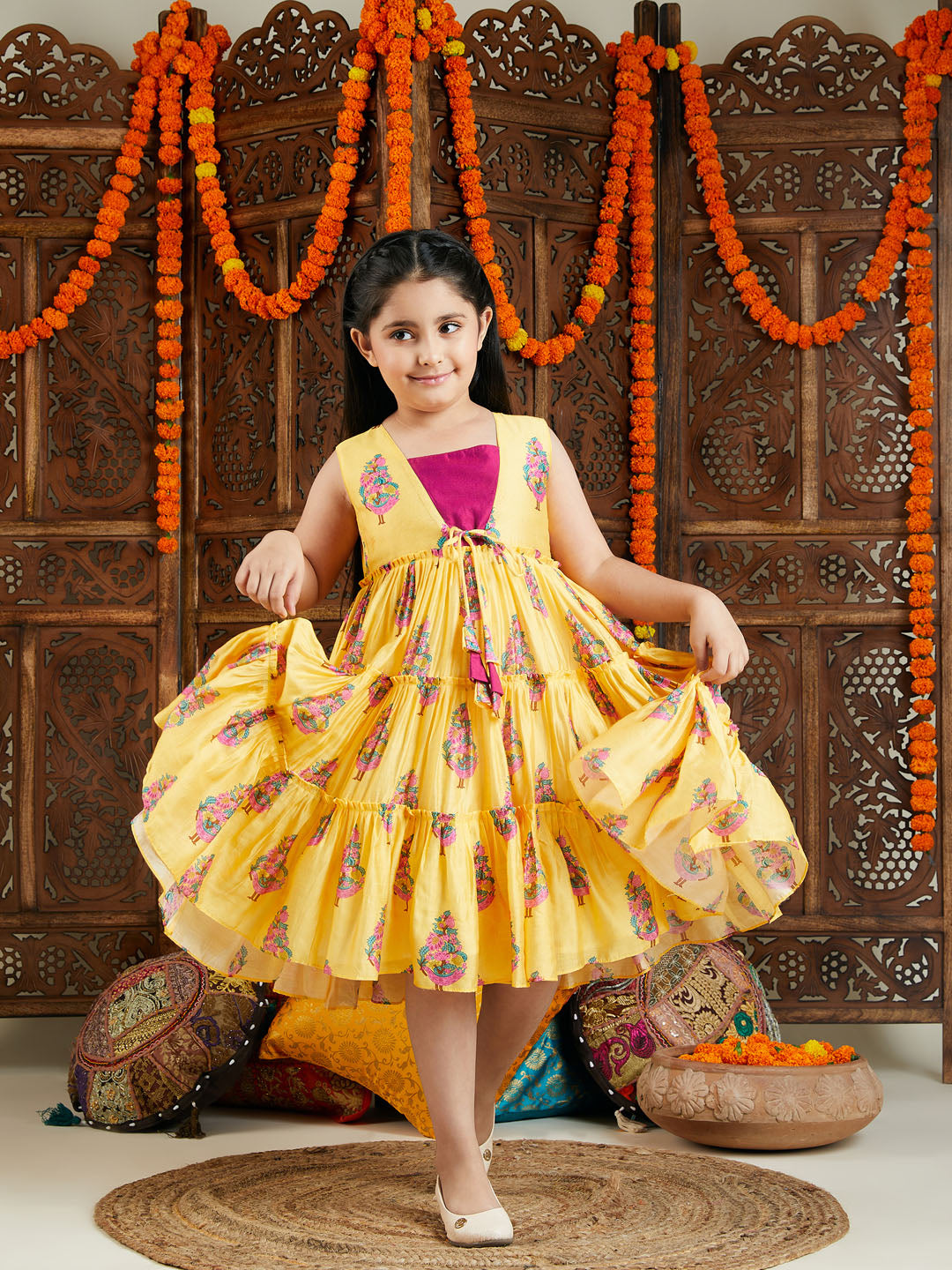 Girl's Yellow And Pink Ethnic Dress