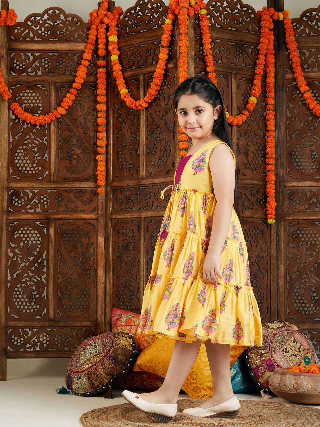 Girl's Yellow And Pink Ethnic Dress