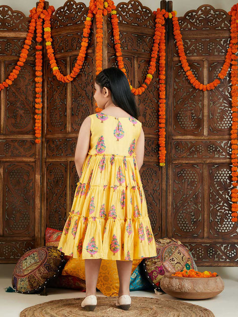 Girl's Yellow And Pink Ethnic Dress