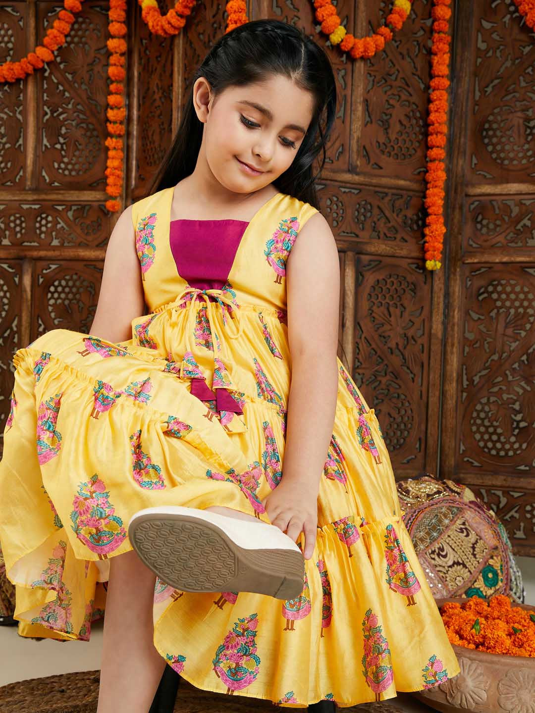 Girl's Yellow And Pink Ethnic Dress