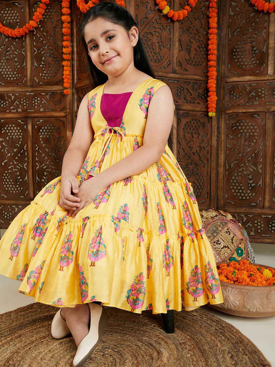 Girl's Yellow And Pink Ethnic Dress