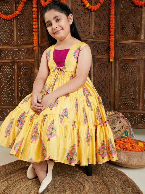 Girl's Yellow And Pink Ethnic Dress