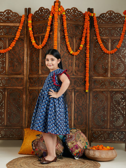 Girl's Blue Printed Frock