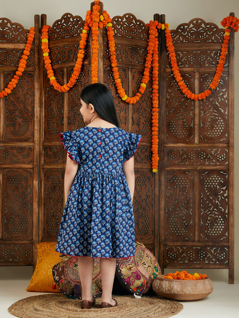 Girl's Blue Printed Frock