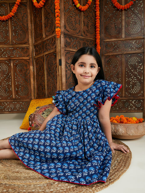 Girl's Blue Printed Frock