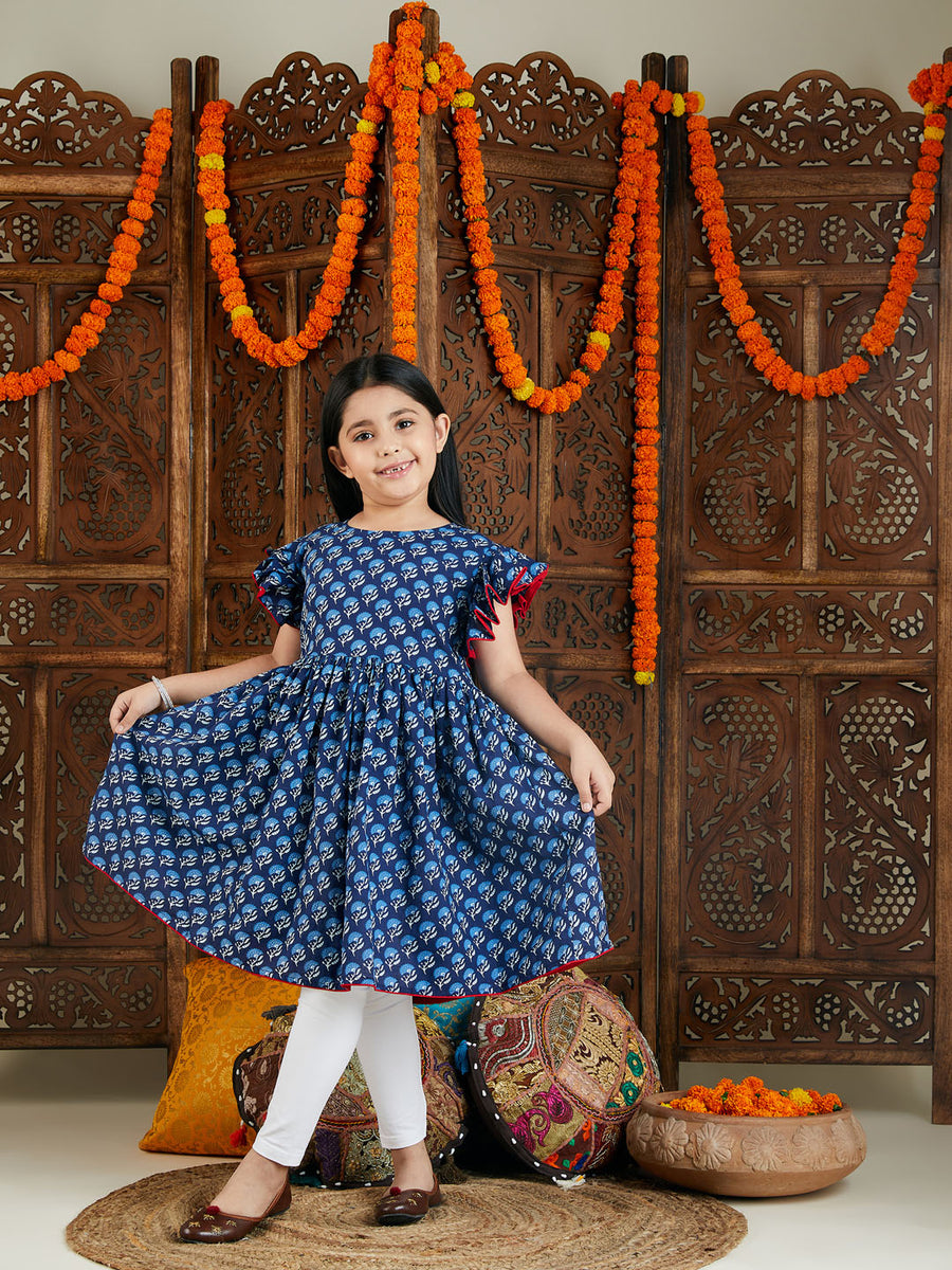 Baby Girl Sky Blue Frock Set with Leggings & Dupatta – Floral Net Design
