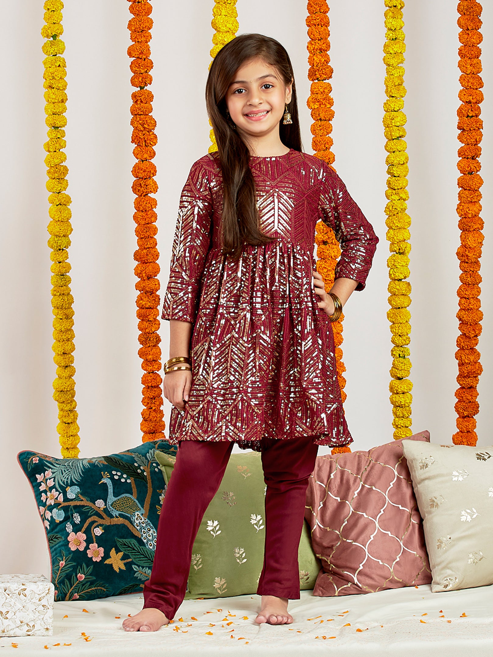 Girl's' Maroon Embellished Kurta Pyjama Set