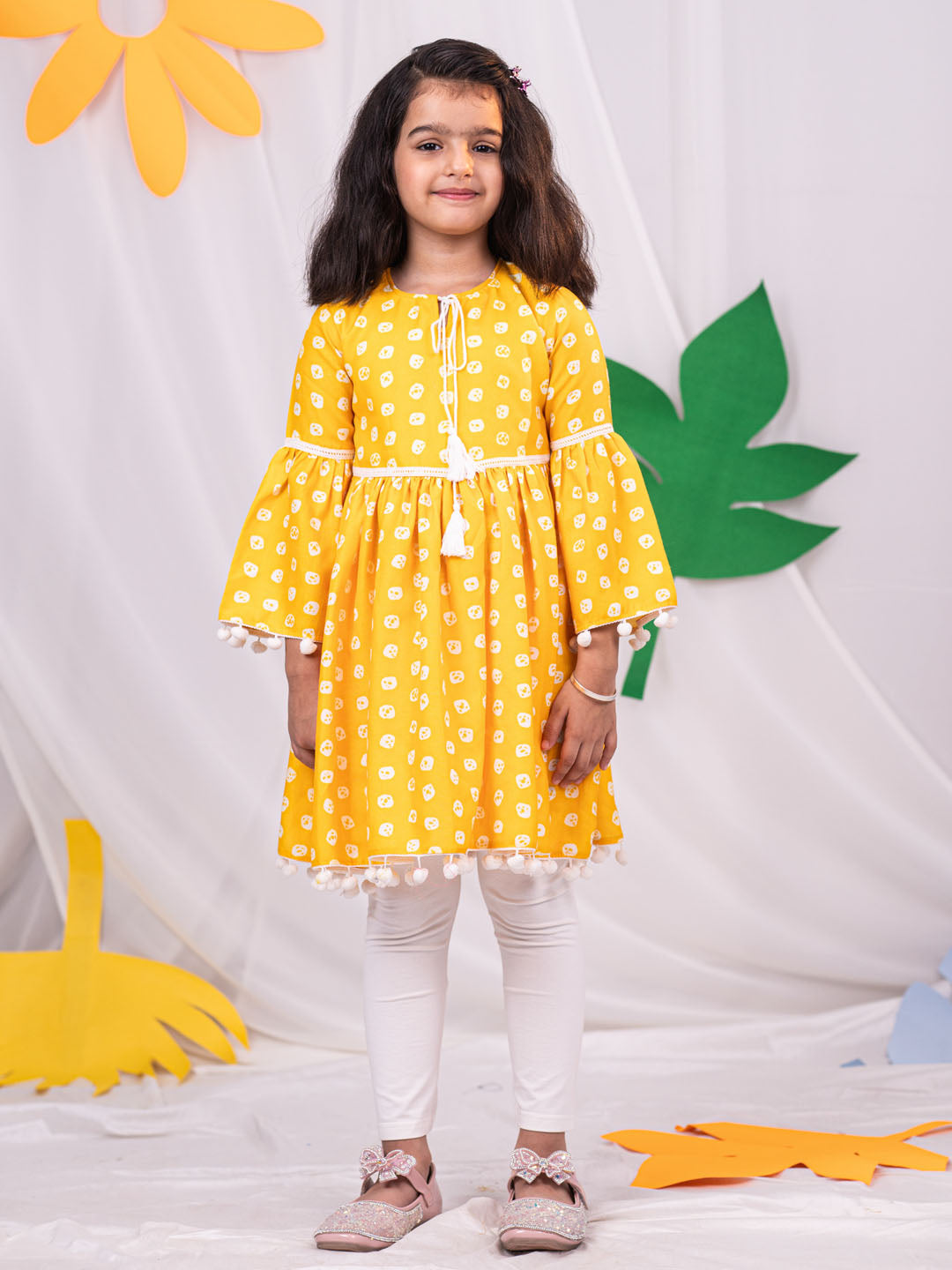 Girl's Yellow Printed Ruffle Kurta With Leggings Set