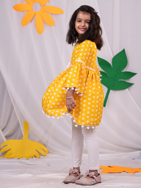 Girl's Yellow Printed Ruffle Kurta With Leggings Set