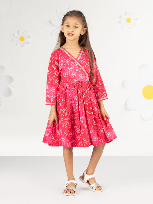 Girl's' Pink Color Bandhnai Print Angrakha Style Dress